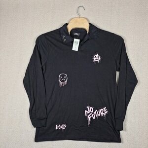 Social Collision Hot Topic Pink Symbols Black Long Sleeve Polo Shirt Grunge Emo